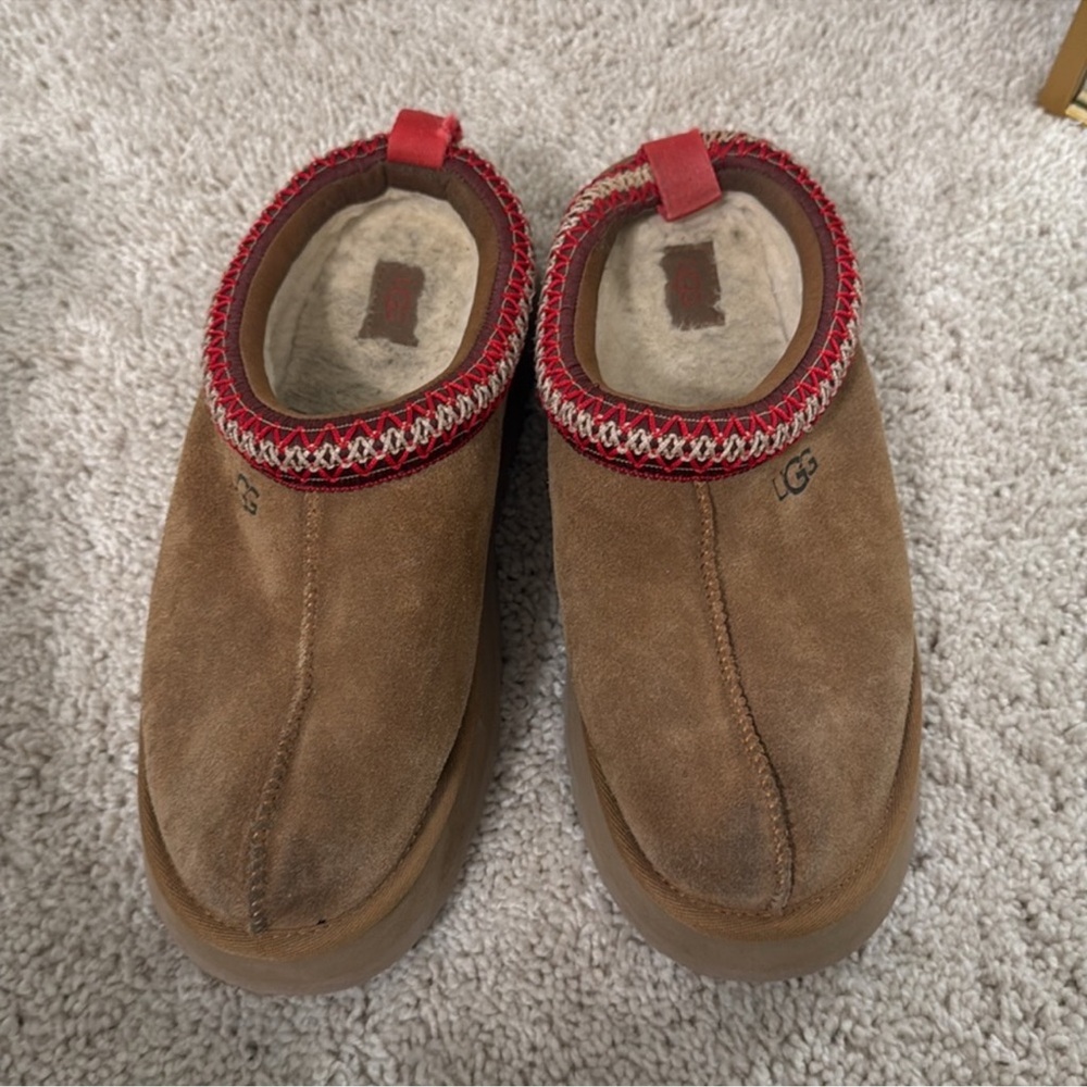 UGG Tan Suede Clogs with Red Trim